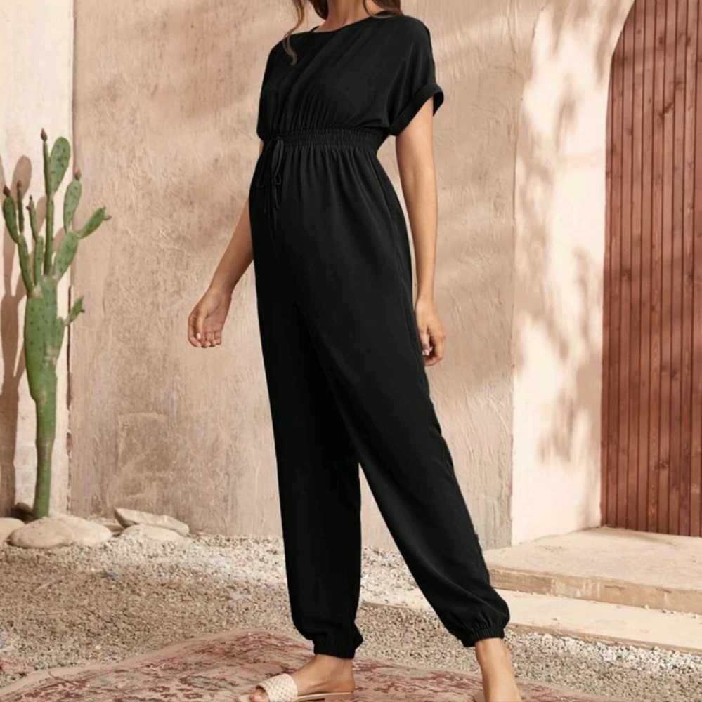 Maternity Roll Up Sleeve Tie Front Jumpsuit